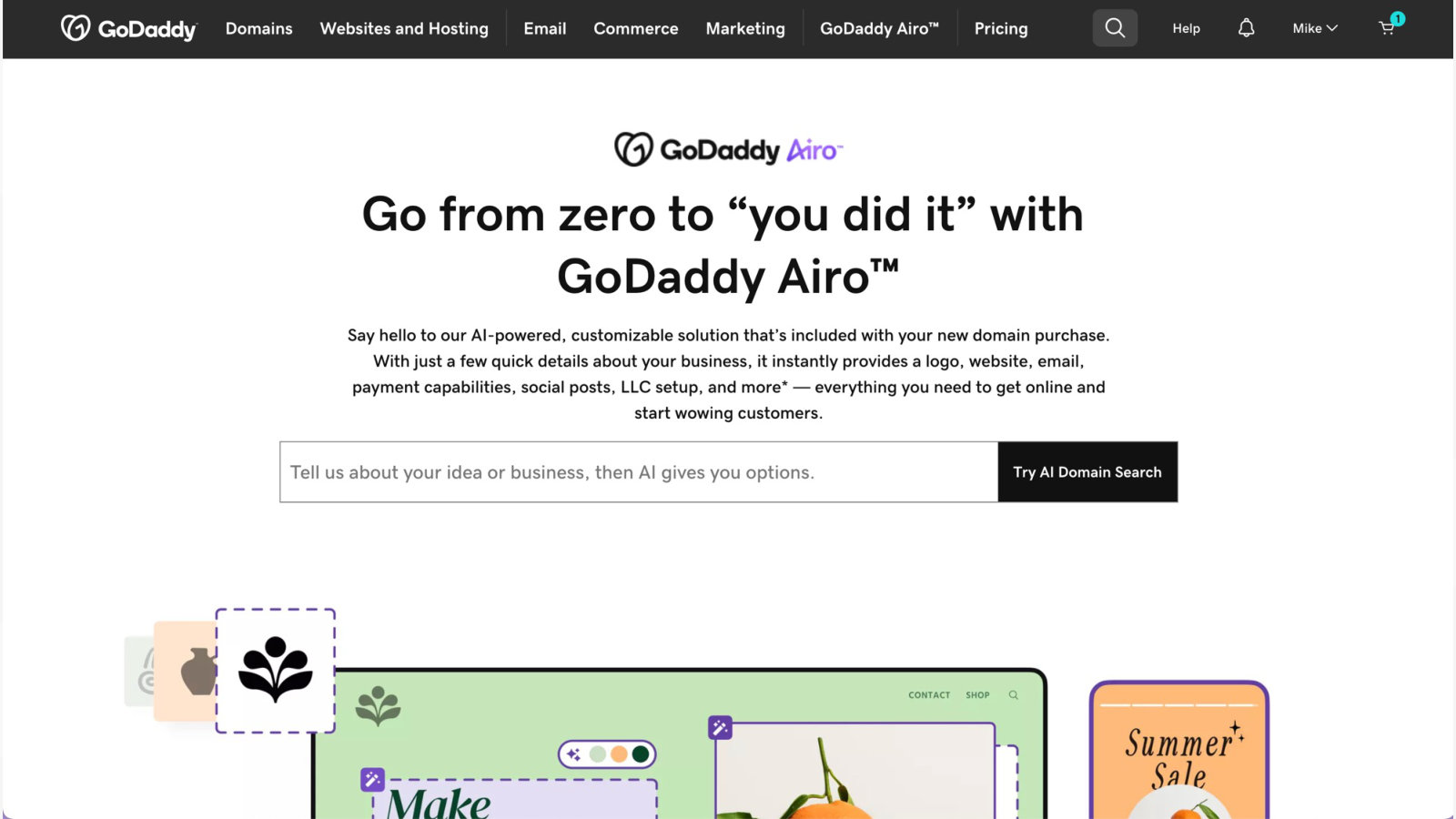 GoDaddy Airo, the AI product bundled with a domain that assembles a logo, site, email and more — the company's flagship bet.